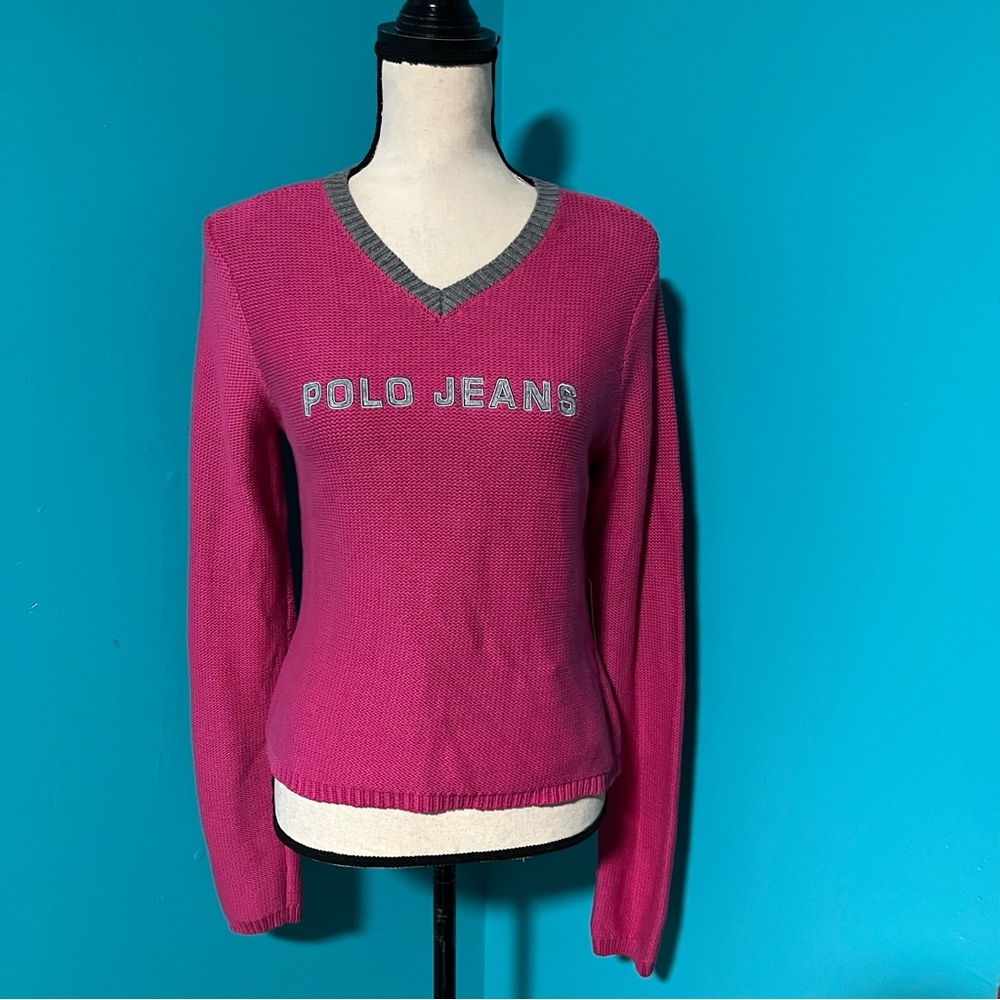 NWT Vintage Polo Jeans Ralph Lauren M Pink Gray Logo V-Neck Sweater Cotton